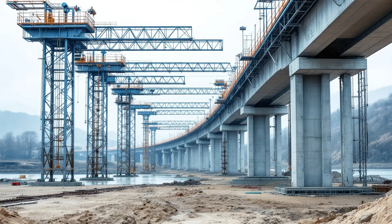 Torres de cimbra soportando el tablero de un viaducto
